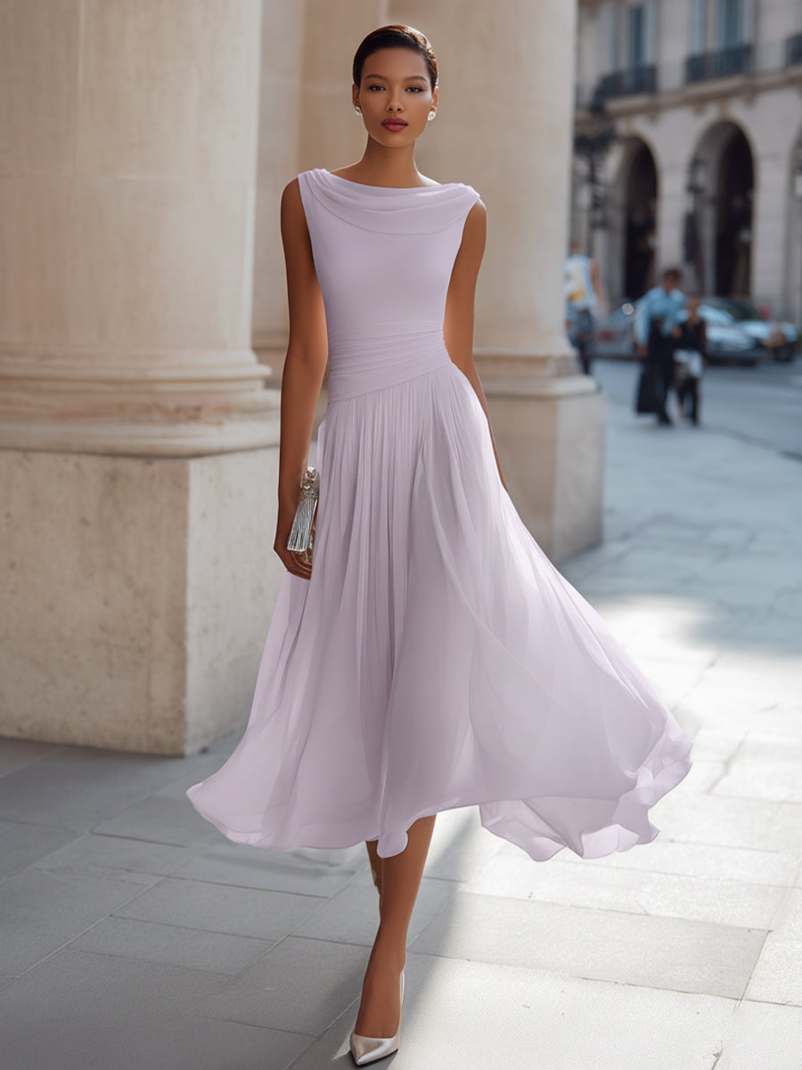 Vestido Mujer | Cuello Drapeado Sin Mangas con Falda Plisada
