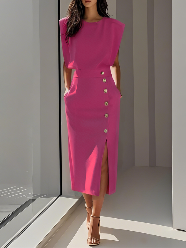 Vestido Mujer Midi | Escote Redondo con Abertura de Botones