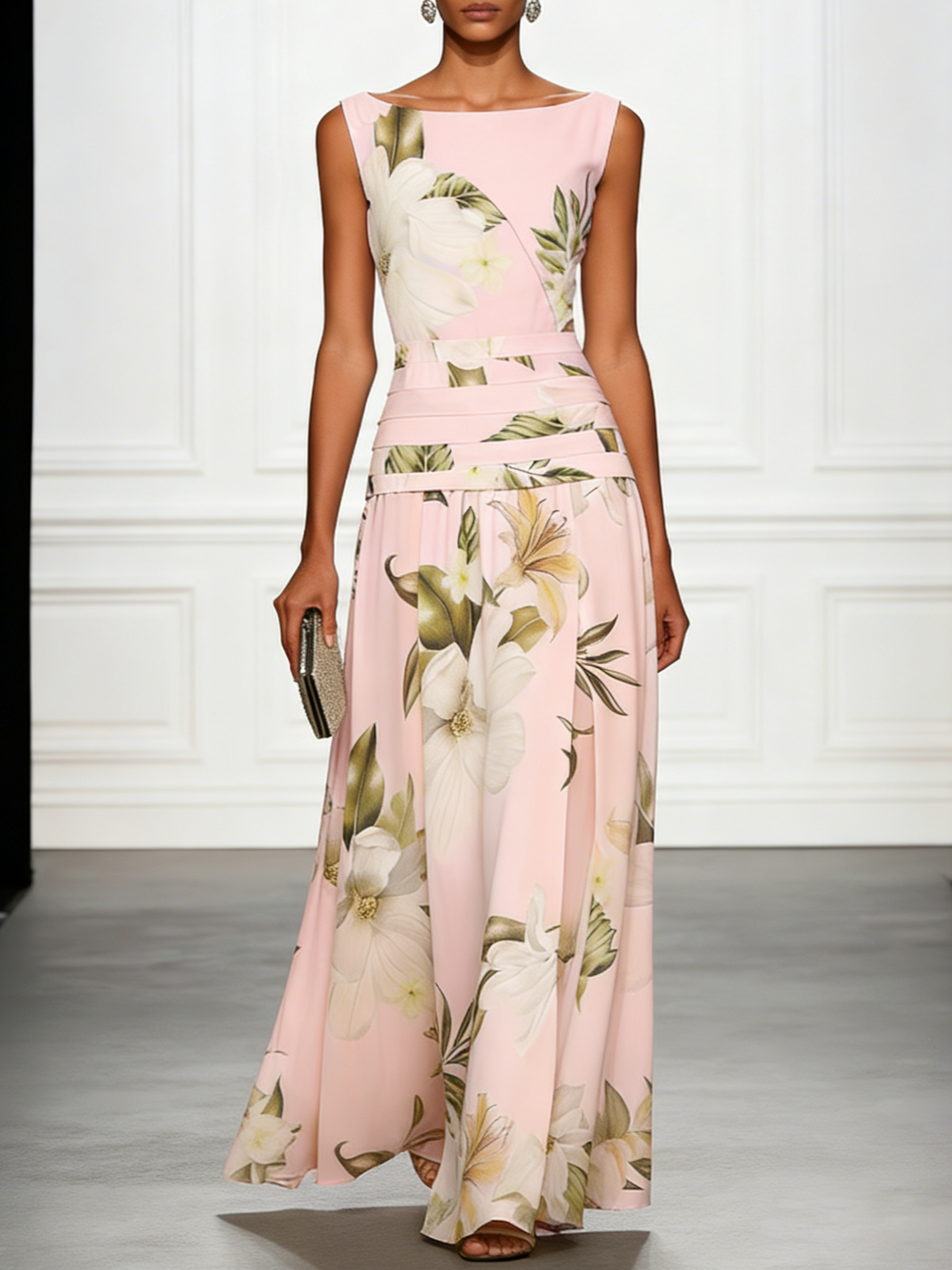 Vestido Mujer Maxi | Cuello Bote Sin Mangas con Cintura Fruncida