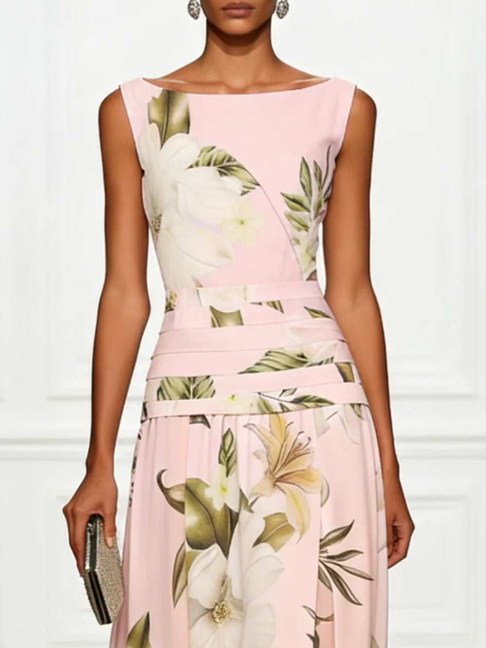 Vestido Mujer Maxi | Cuello Bote Sin Mangas con Cintura Fruncida