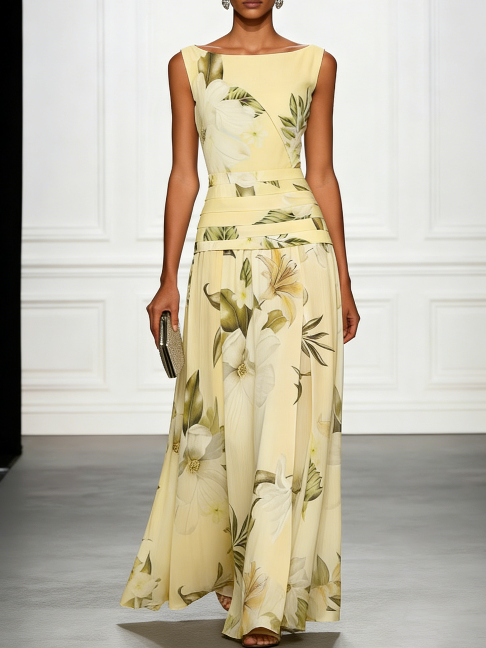 Vestido Mujer Maxi | Cuello Bote Sin Mangas con Cintura Fruncida