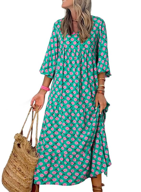 Vestido Mujer Maxi | Manga Abullonada con Escote en V y Vuelo