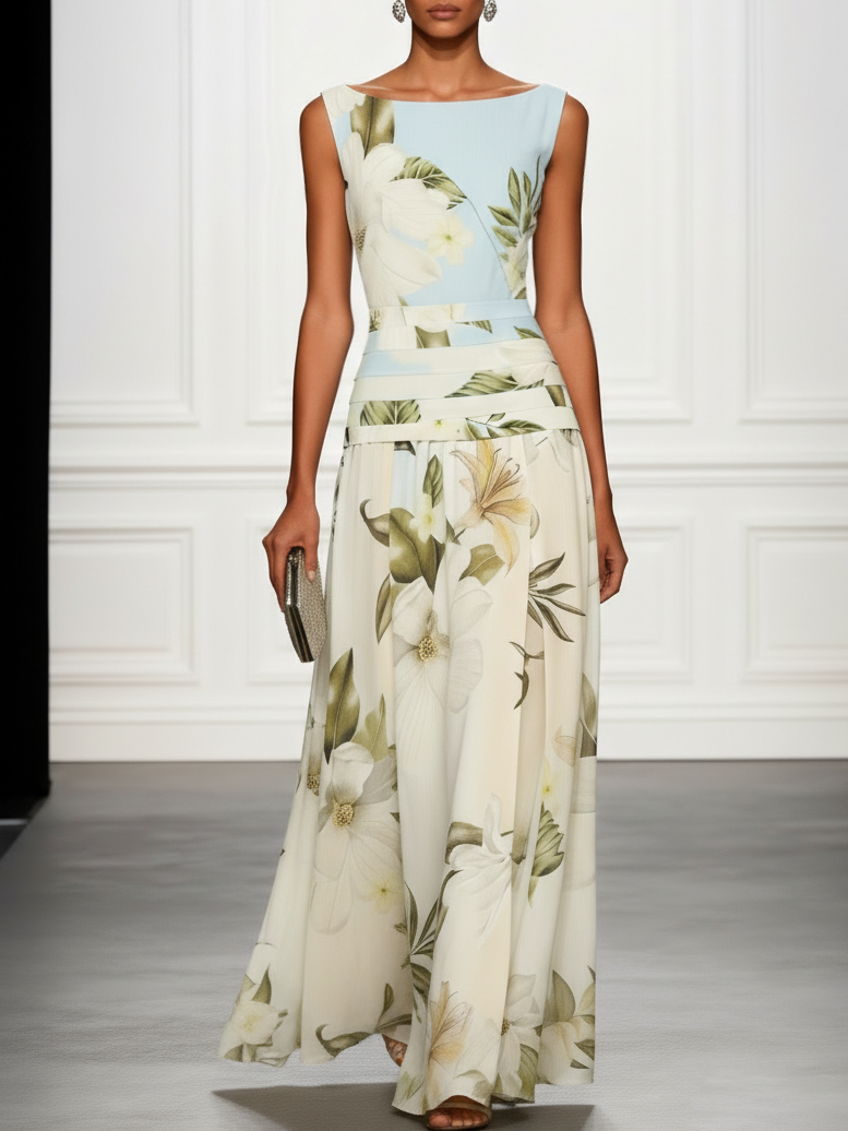 Vestido Mujer Maxi | Cuello Bote Sin Mangas con Cintura Fruncida