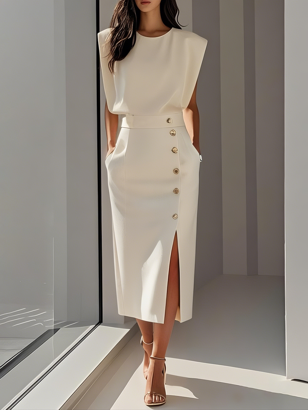 Vestido Mujer Midi | Escote Redondo con Abertura de Botones