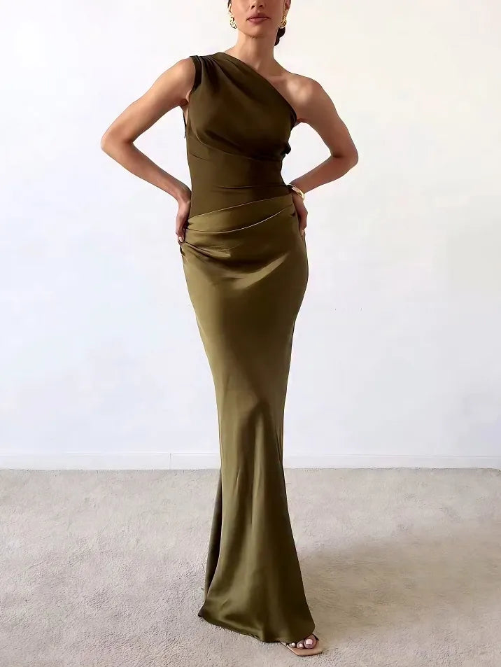 Vestido Mujer Maxi | Escote Asimétrico con Fruncido y Largo al Suelo