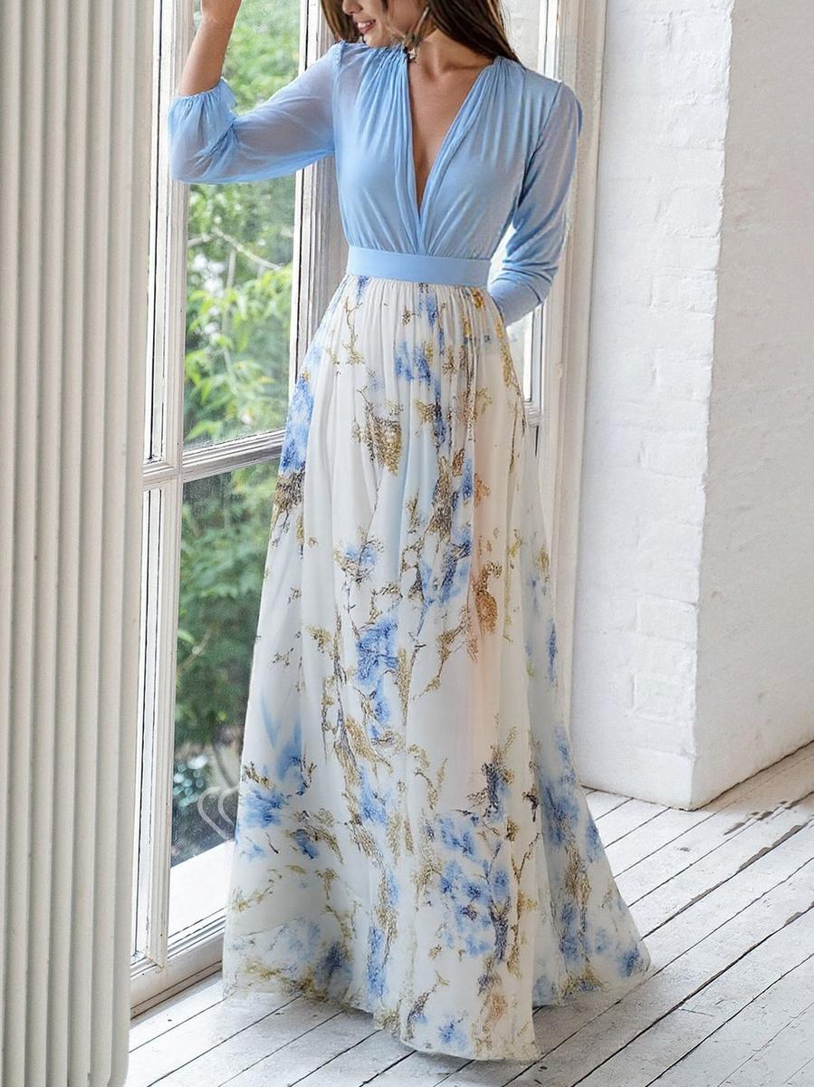 Vestido maxi mujer | floral con manga larga y cintura marcada