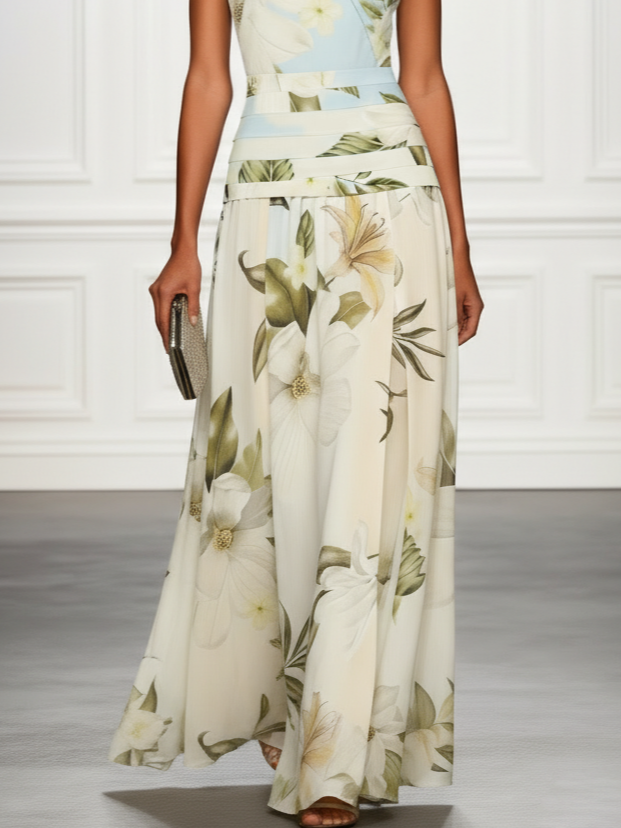 Vestido Mujer Maxi | Cuello Bote Sin Mangas con Cintura Fruncida