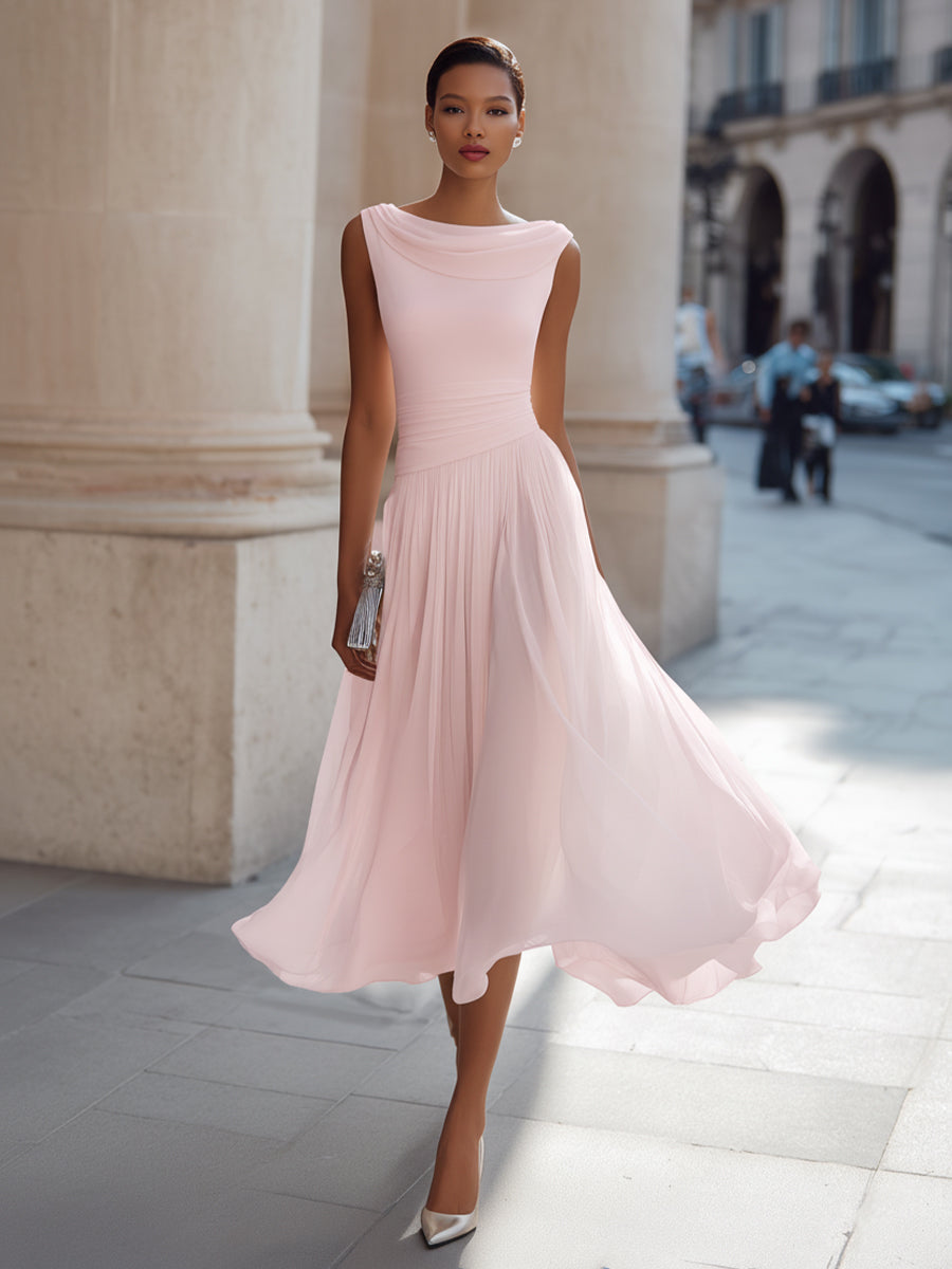 Vestido Mujer | Cuello Drapeado Sin Mangas con Falda Plisada
