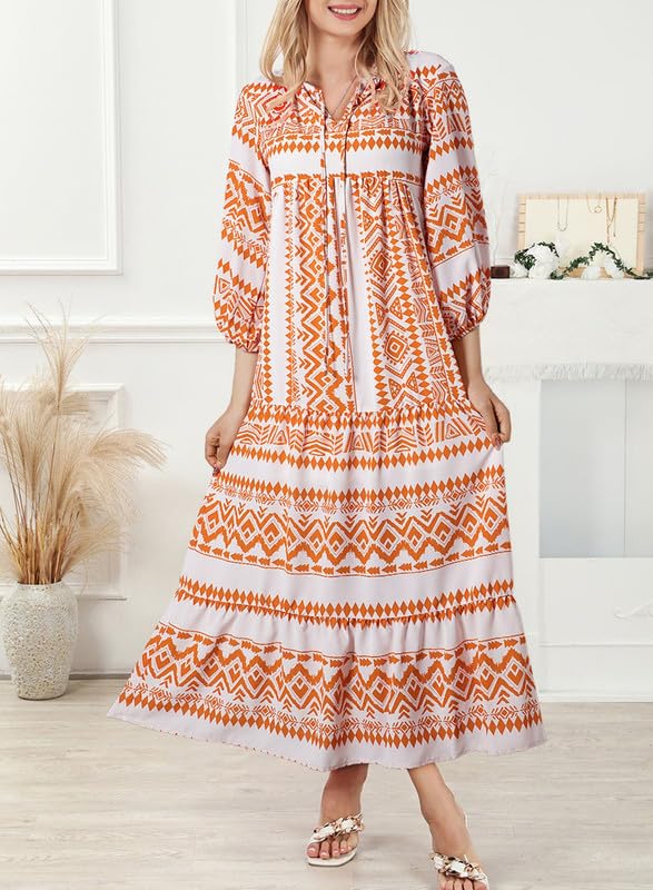 Vestido Mujer Maxi | Manga Abullonada con Escote en V y Vuelo