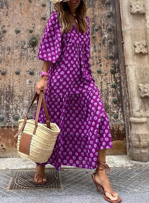 Vestido Mujer Maxi | Manga Abullonada con Escote en V y Vuelo