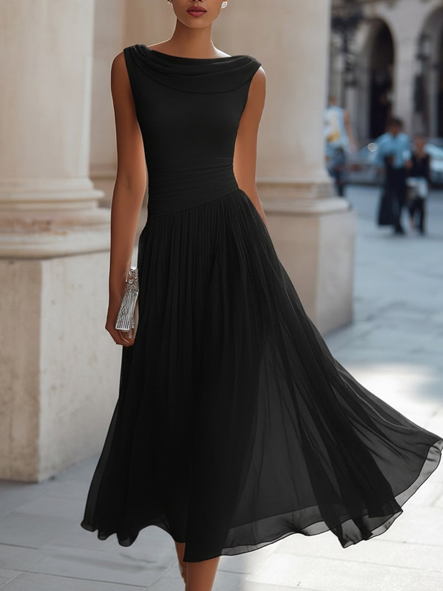 Vestido Mujer | Cuello Drapeado Sin Mangas con Falda Plisada