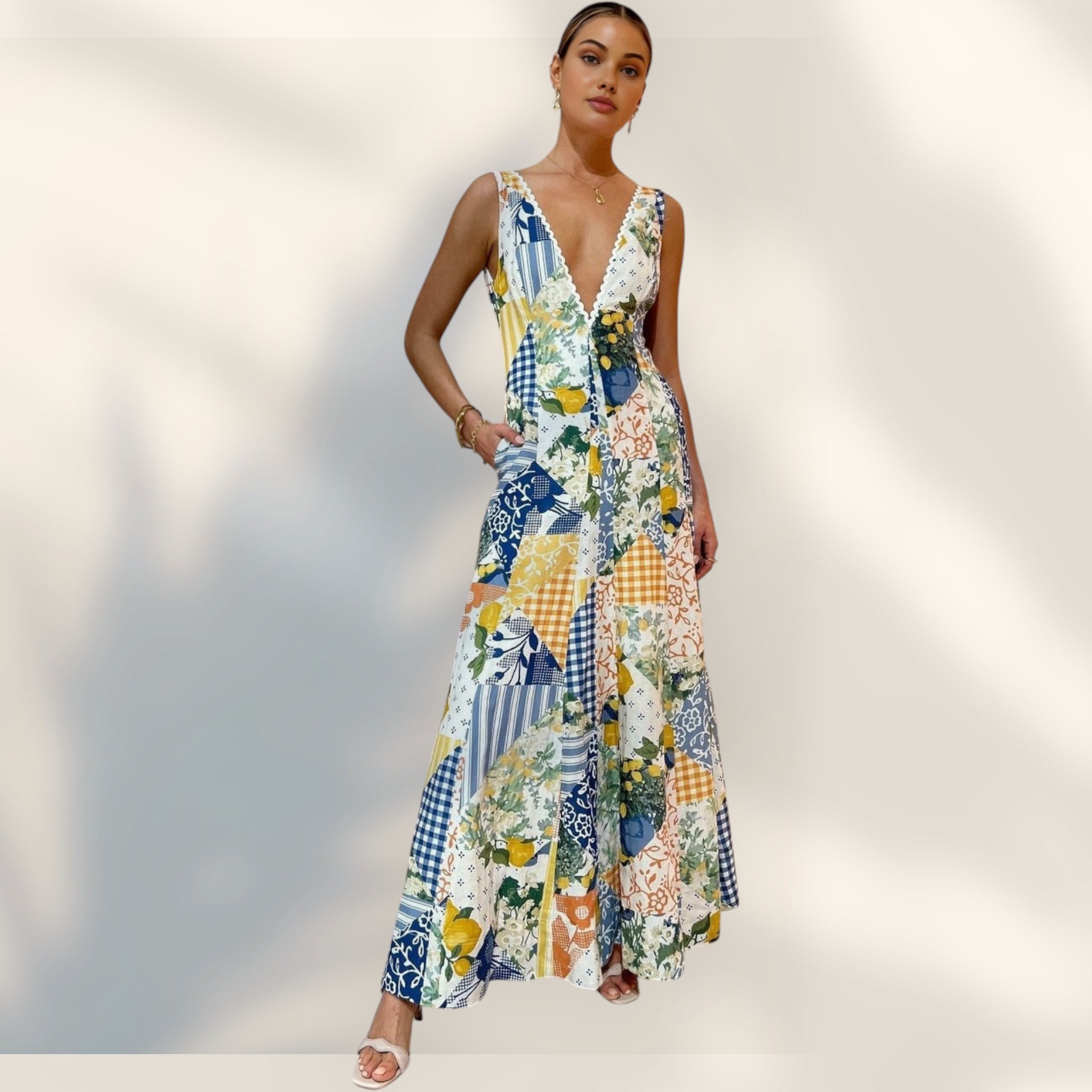 Vestido Maxi Escote en V | Diseño de Parches Multipatrón Silueta Fluida