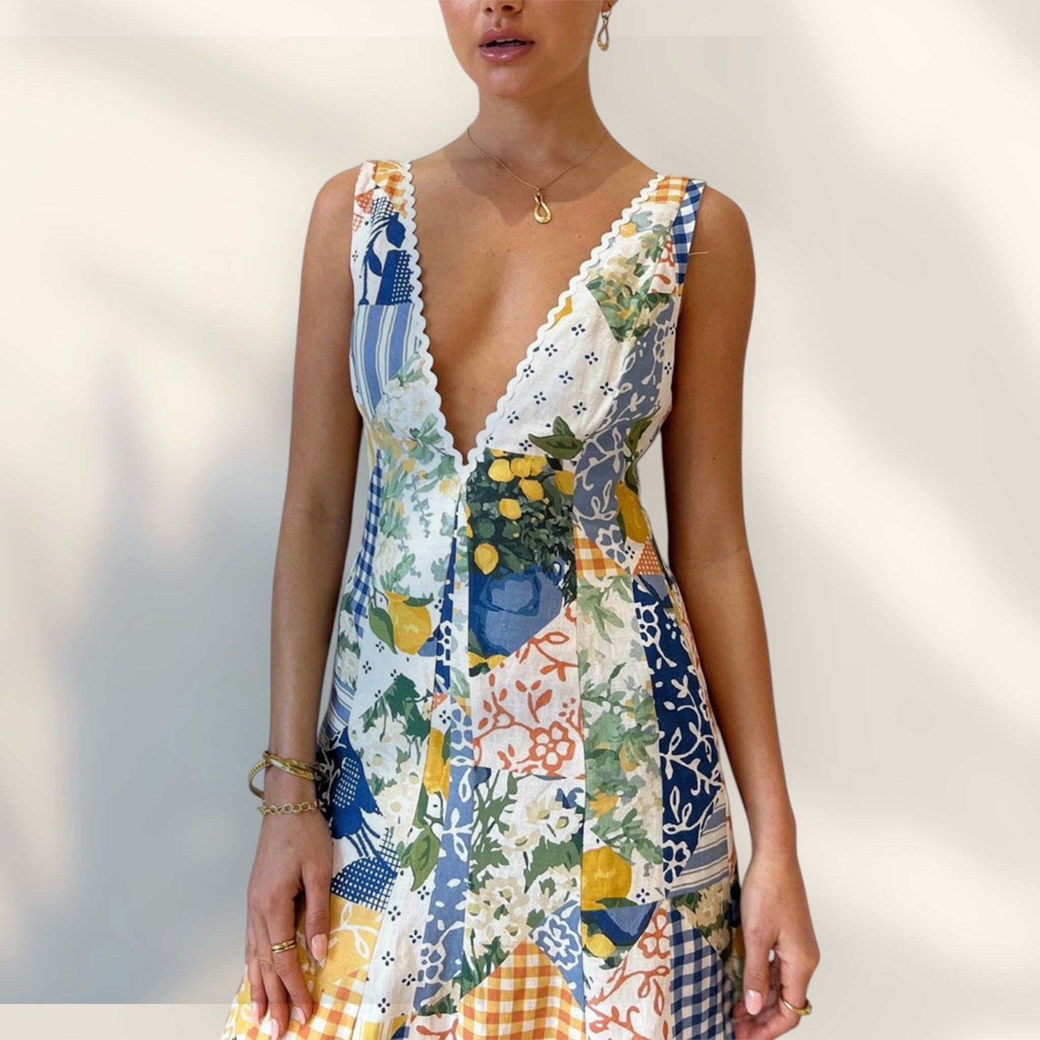 Vestido Maxi Escote en V | Diseño de Parches Multipatrón Silueta Fluida
