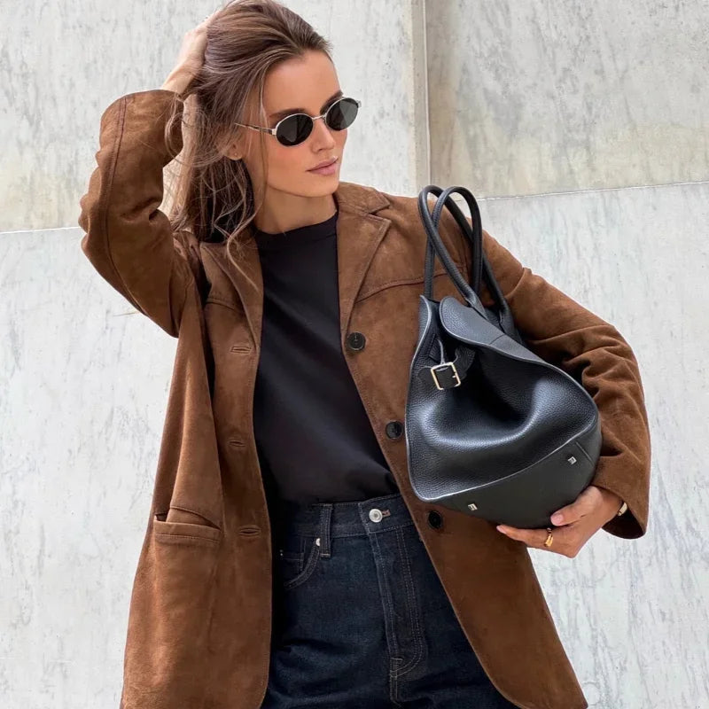 Blazer mujer | diseño largo con solapa y cierre frontal