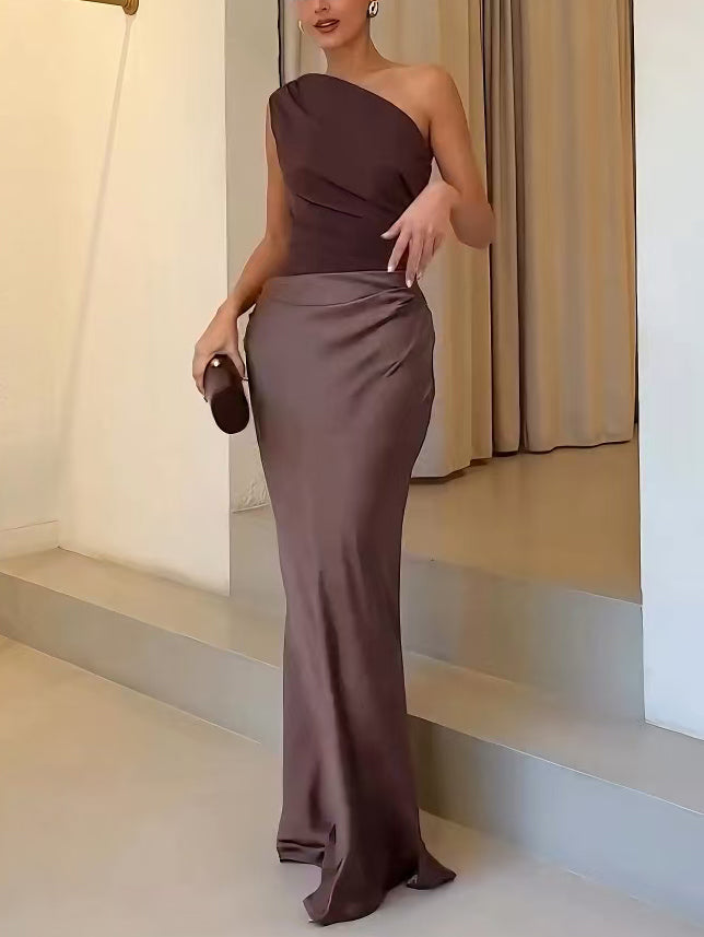 Vestido Mujer Maxi | Escote Asimétrico con Fruncido y Largo al Suelo