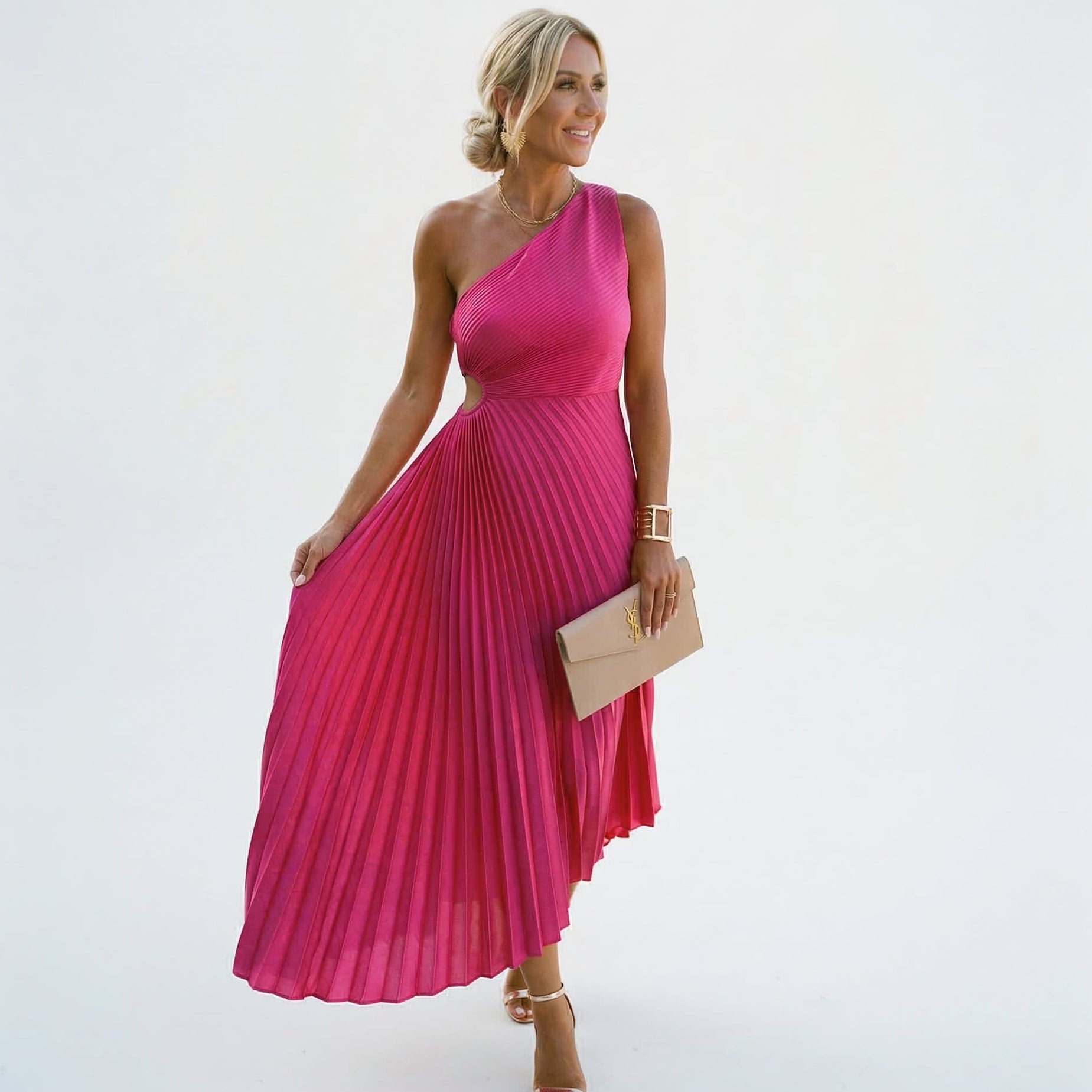 Vestido Mujer | Escote Asimétrico con Falda Plisada en A