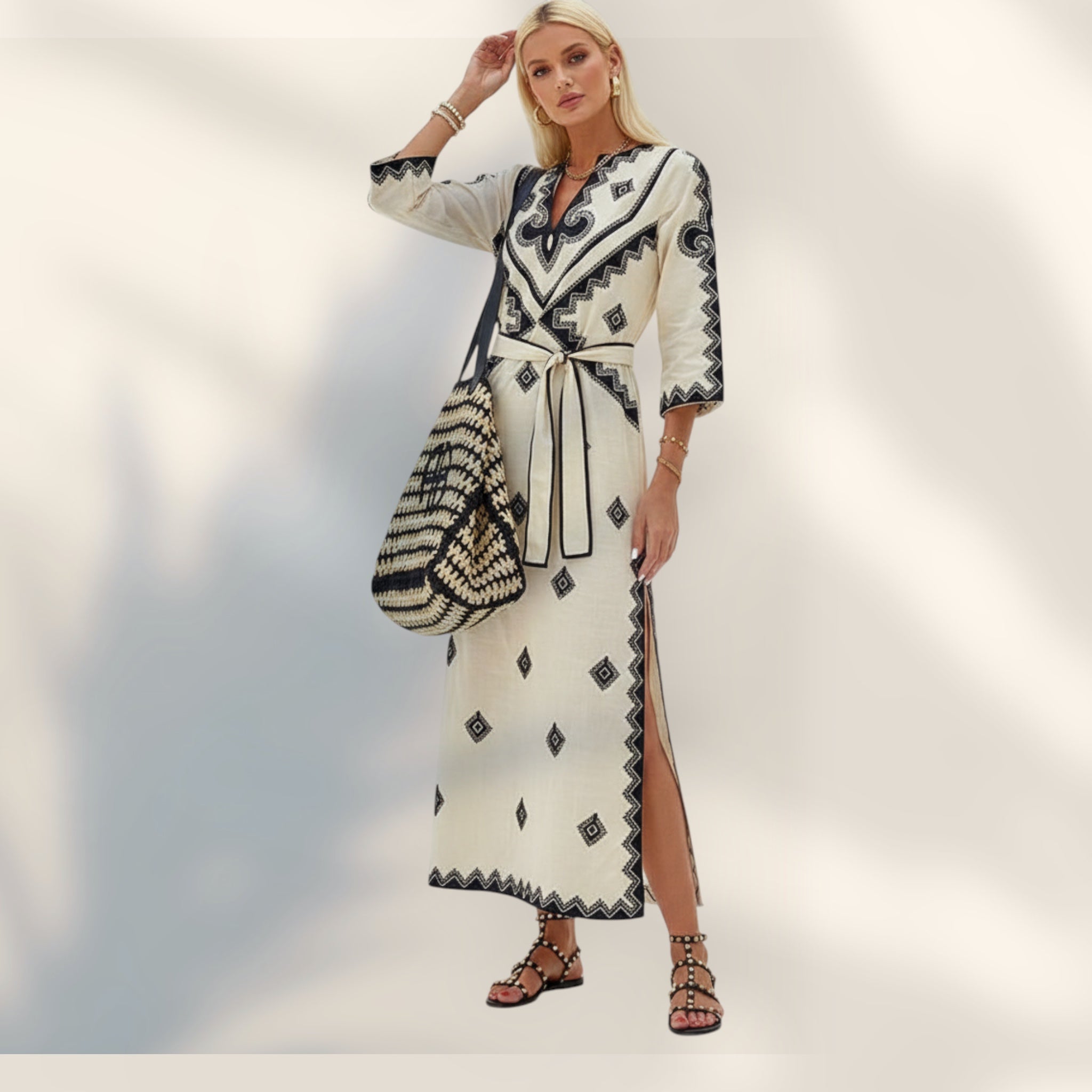 Vestido Kaftan Escote en V | Bordados Geométricos Manga Tres Cuartos