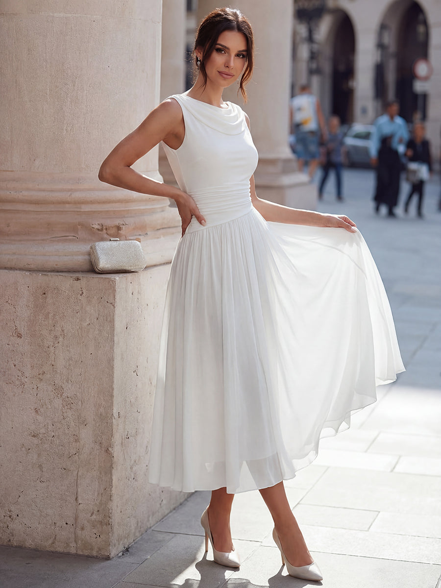 Vestido Mujer | Cuello Drapeado Sin Mangas con Falda Plisada