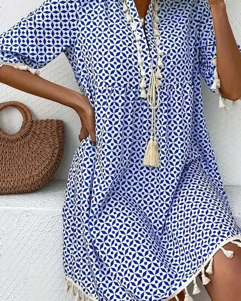Vestido Mujer Mini | Cuello en V con flecos y estampado geométrico
