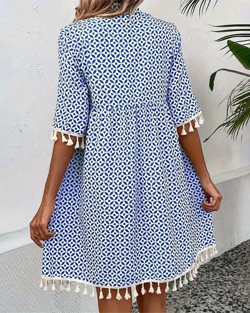 Vestido Mujer Mini | Cuello en V con flecos y estampado geométrico
