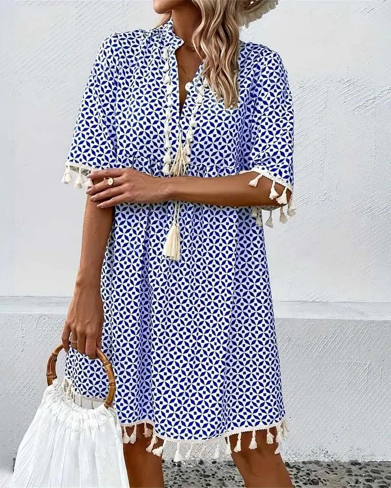 Vestido Mujer Mini | Cuello en V con flecos y estampado geométrico