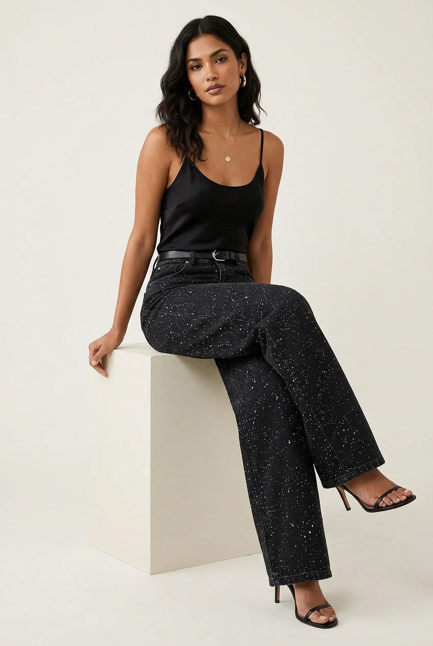 Jeans Mujer | Corte Recto con Cintura Alta y Detalles Brillantes