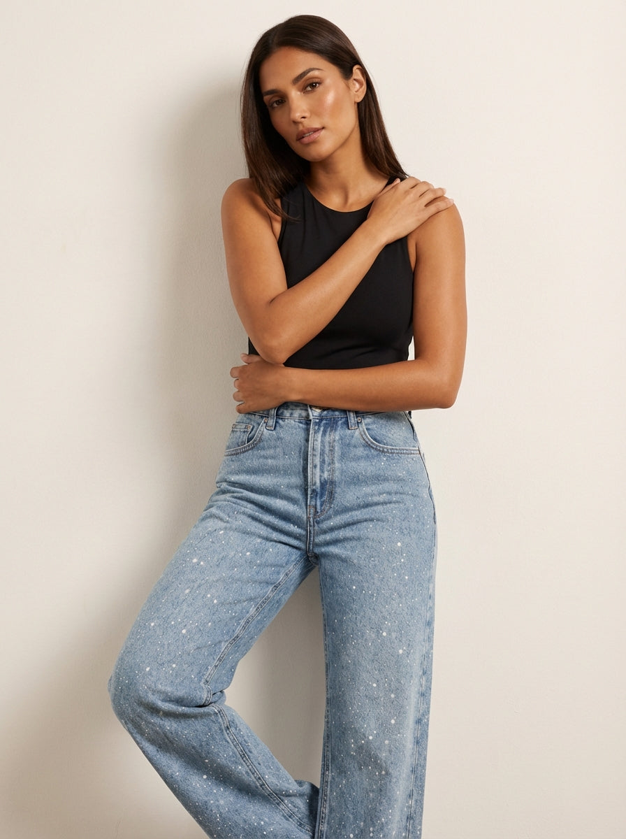 Jeans Mujer | Corte Recto con Cintura Alta y Detalles Brillantes
