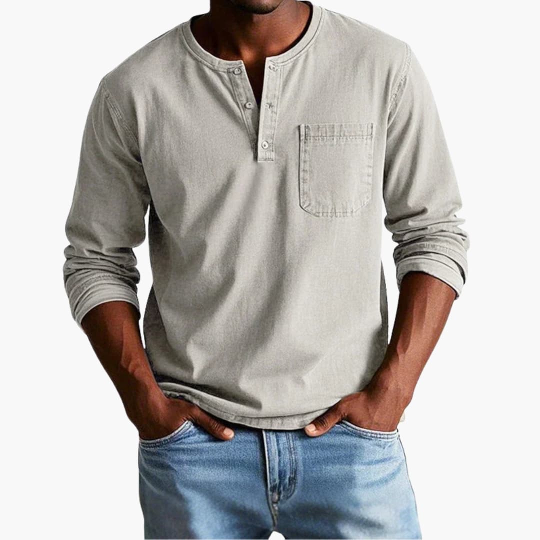 Camiseta hombre | manga larga con cuello redondo y bolsillo frontal