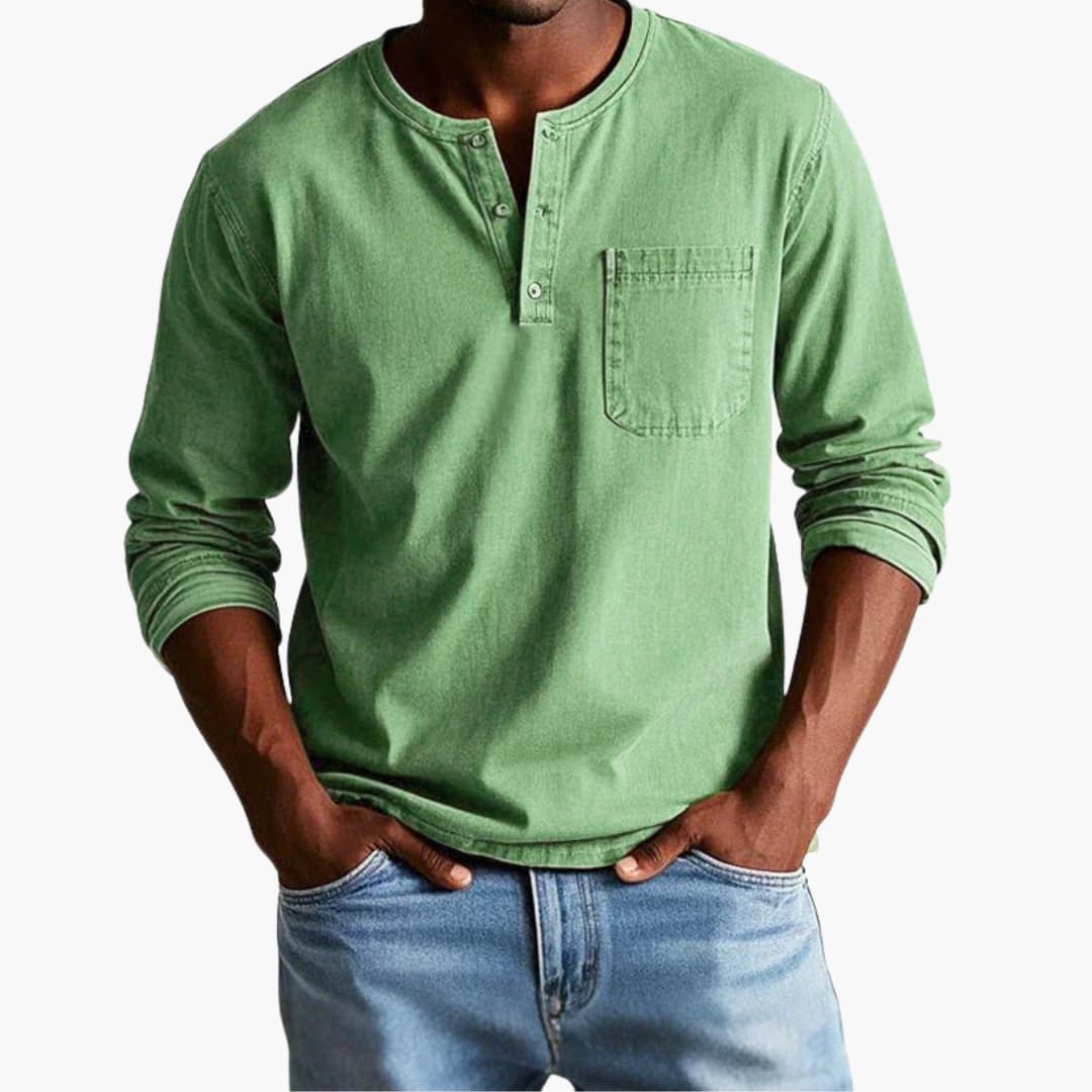Camiseta hombre | manga larga con cuello redondo y bolsillo frontal
