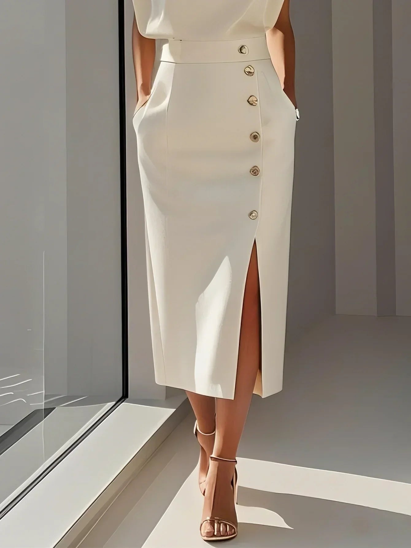 Vestido Mujer Midi | Escote Redondo con Abertura de Botones