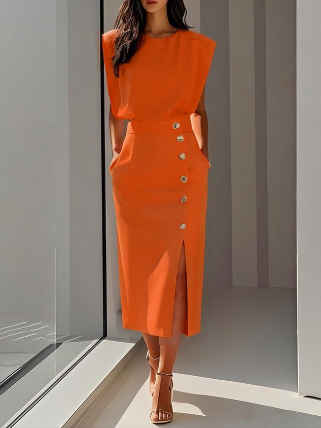 Vestido Mujer Midi | Escote Redondo con Abertura de Botones