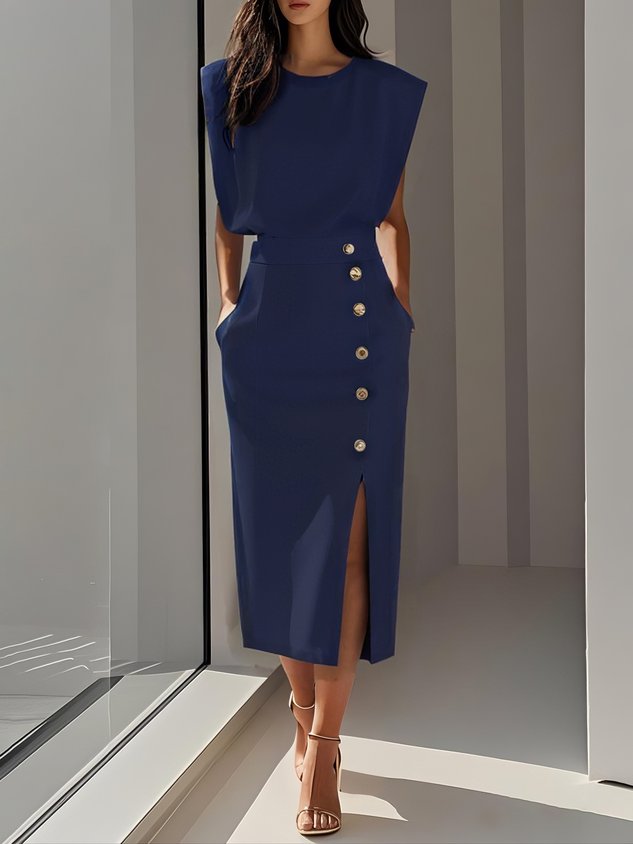 Vestido Mujer Midi | Escote Redondo con Abertura de Botones