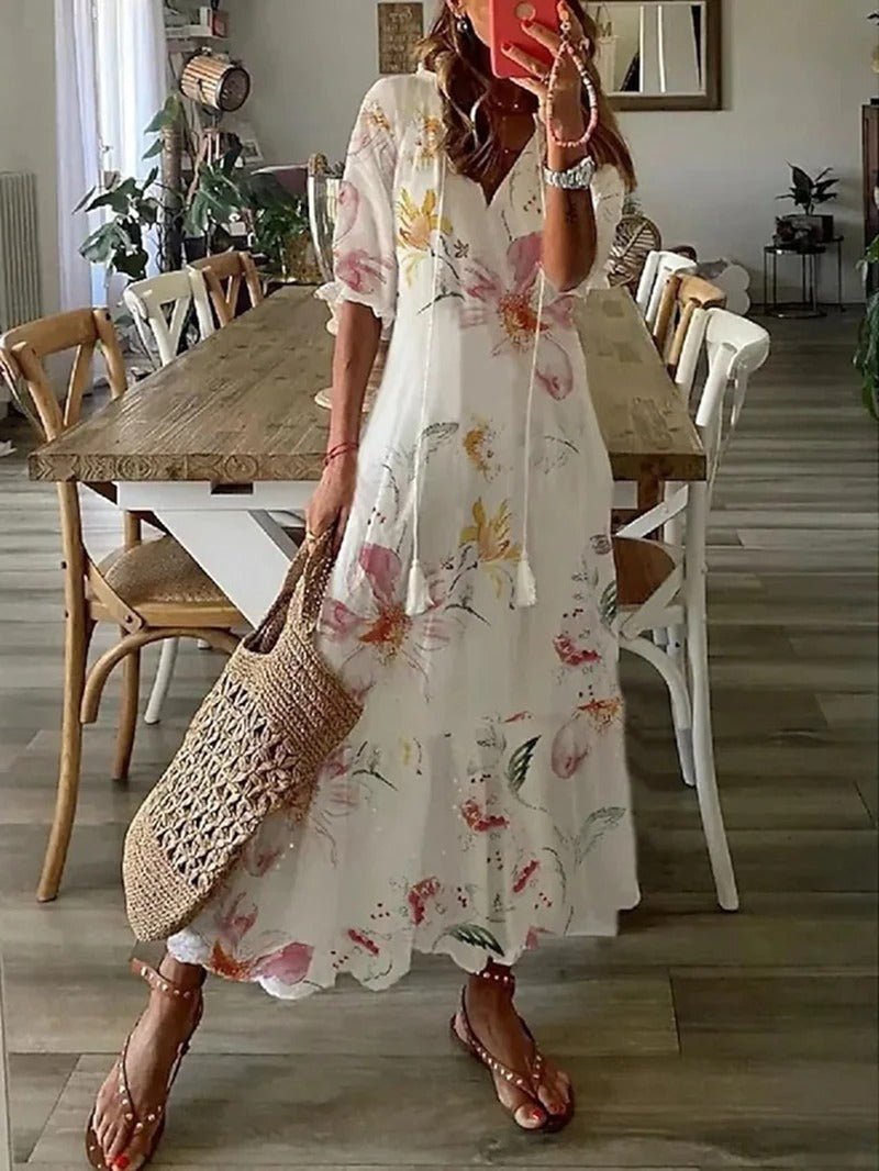 Vestido mujer | maxi floral con escote en V y manga suelta