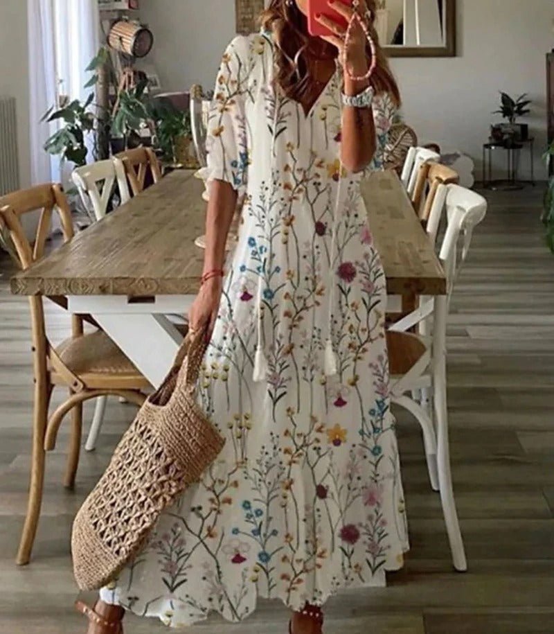 Vestido mujer | maxi floral con escote en V y manga suelta