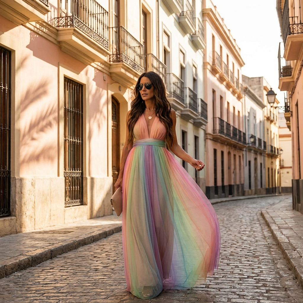 Vestido Maxi Escote Halter con V Profundo | Silueta Amplia Sin Mangas