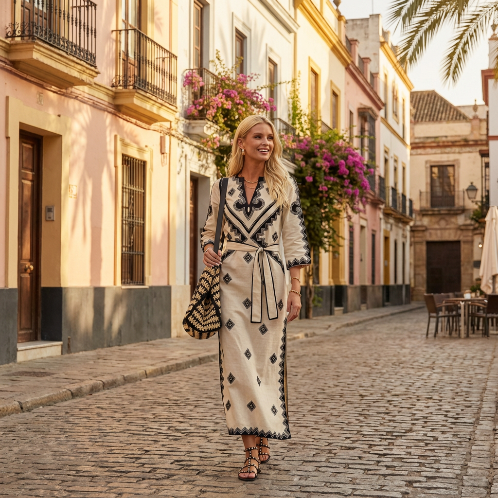 Vestido Kaftan Escote en V | Bordados Geométricos Manga Tres Cuartos