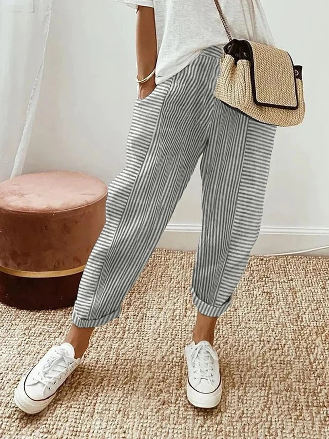Pantalón mujer | rayas verticales con cintura elástica y cordón