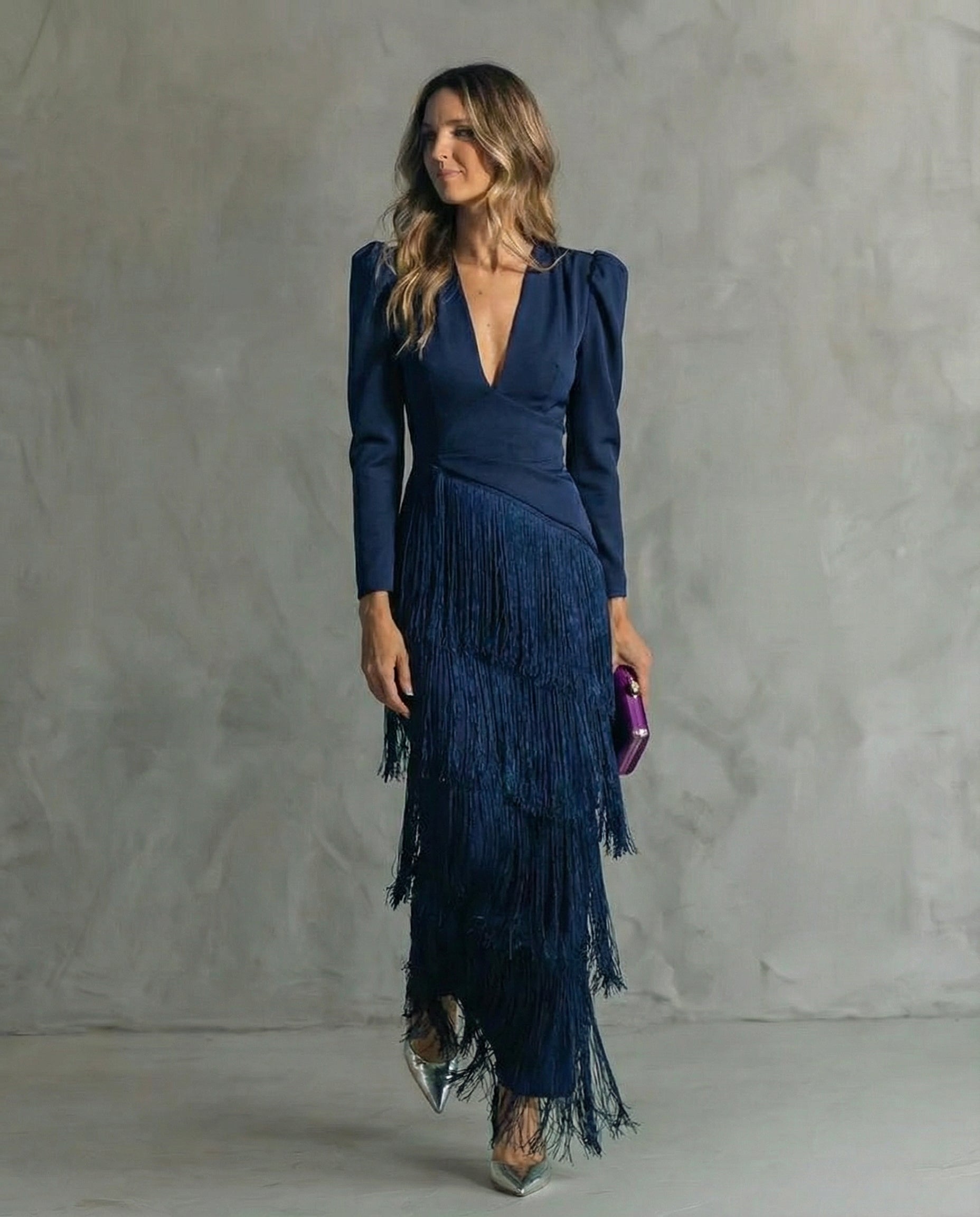 Vestido midi mujer | flecos en capas y escote profundo