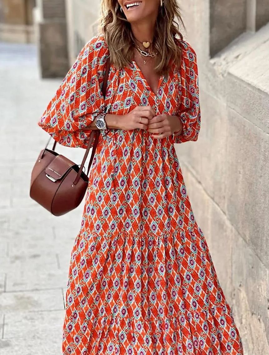 Vestido Mujer Maxi | Manga Abullonada con Escote en V y Vuelo