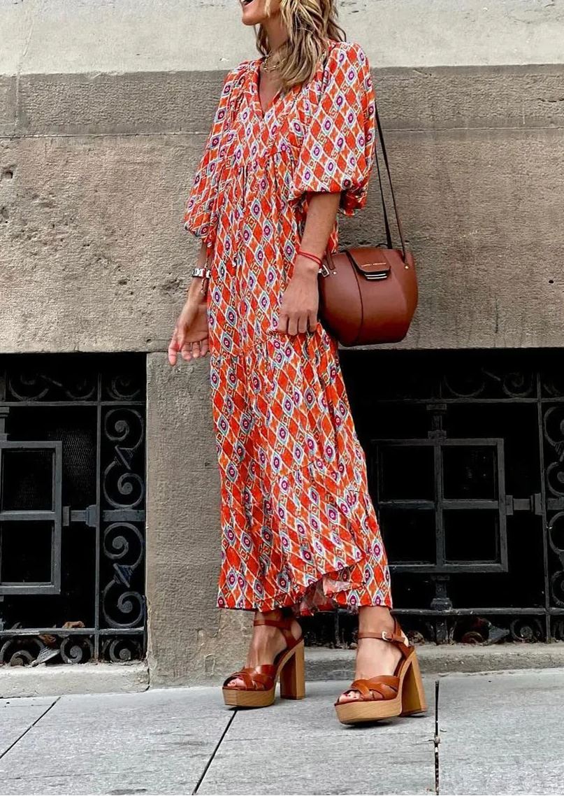 Vestido Mujer Maxi | Manga Abullonada con Escote en V y Vuelo
