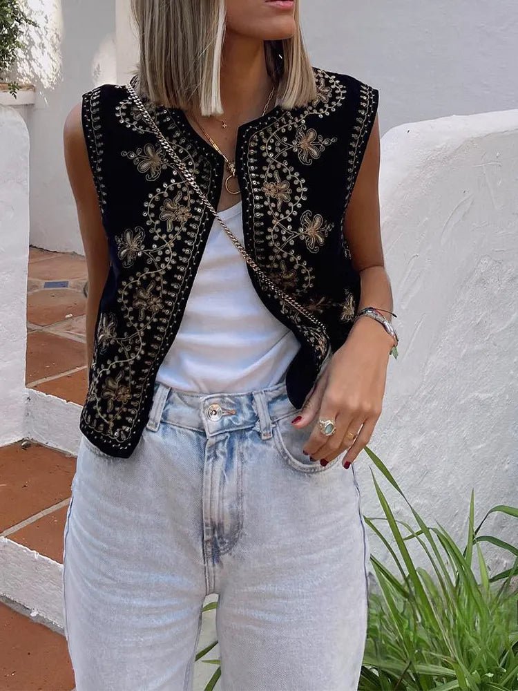 Chaleco mujer | diseño bordado sin mangas y apertura frontal
