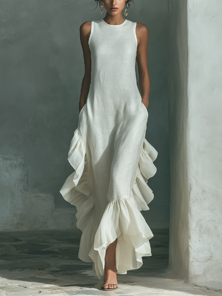 Vestido Maxi Mujer | Cuello Redondo con Volantes Asimétricos