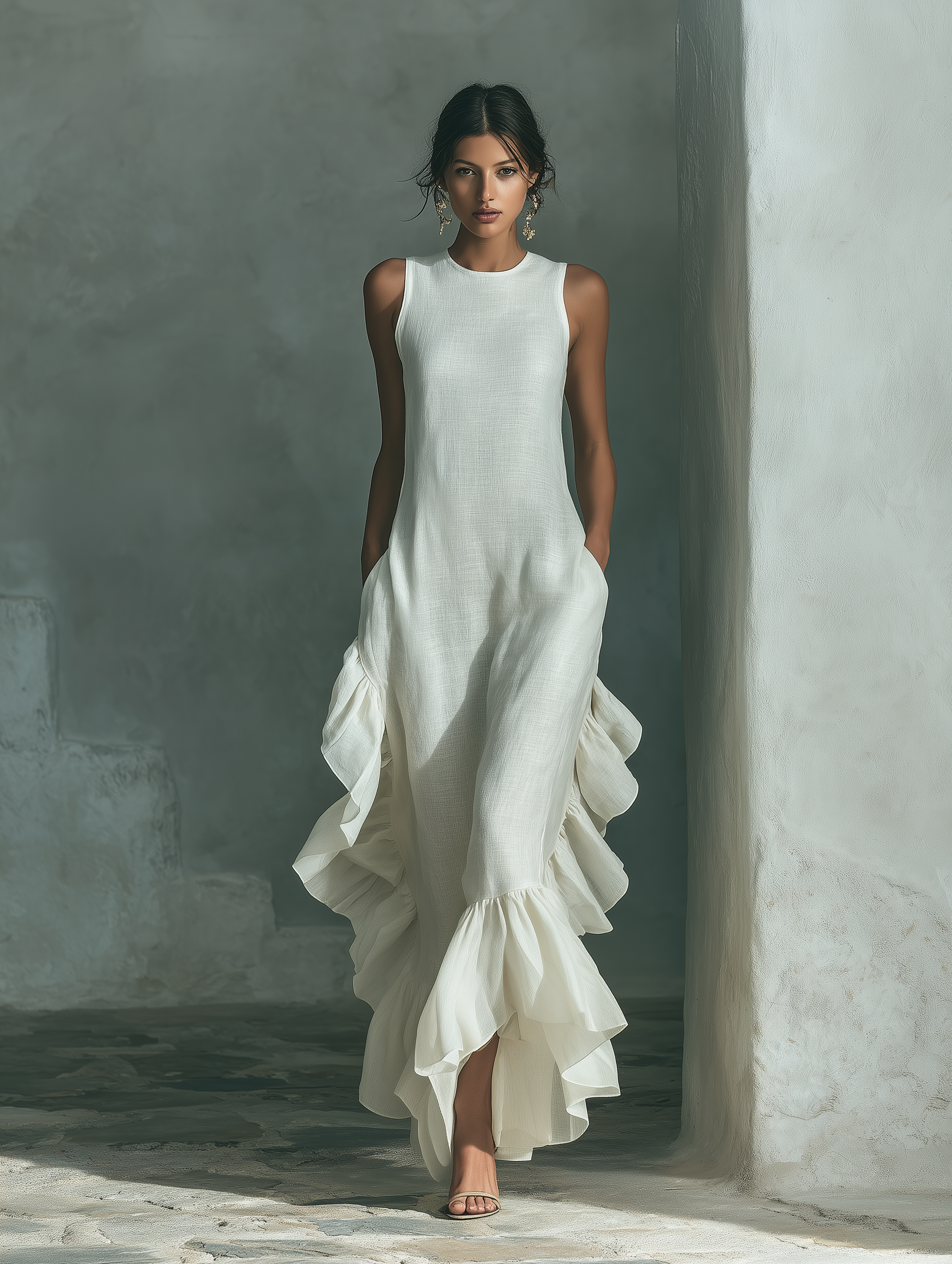 Vestido Maxi Mujer | Cuello Redondo con Volantes Asimétricos