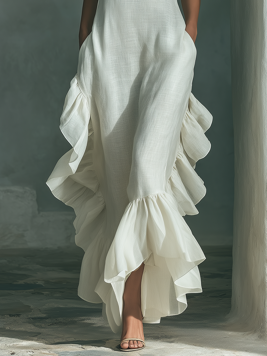 Vestido Maxi Mujer | Cuello Redondo con Volantes Asimétricos