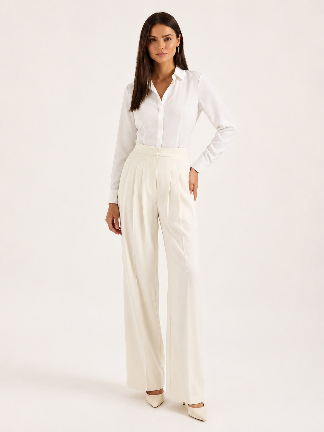 Pantalones Mujer | Talle Alto Con Pernera Ancha Y Pliegues