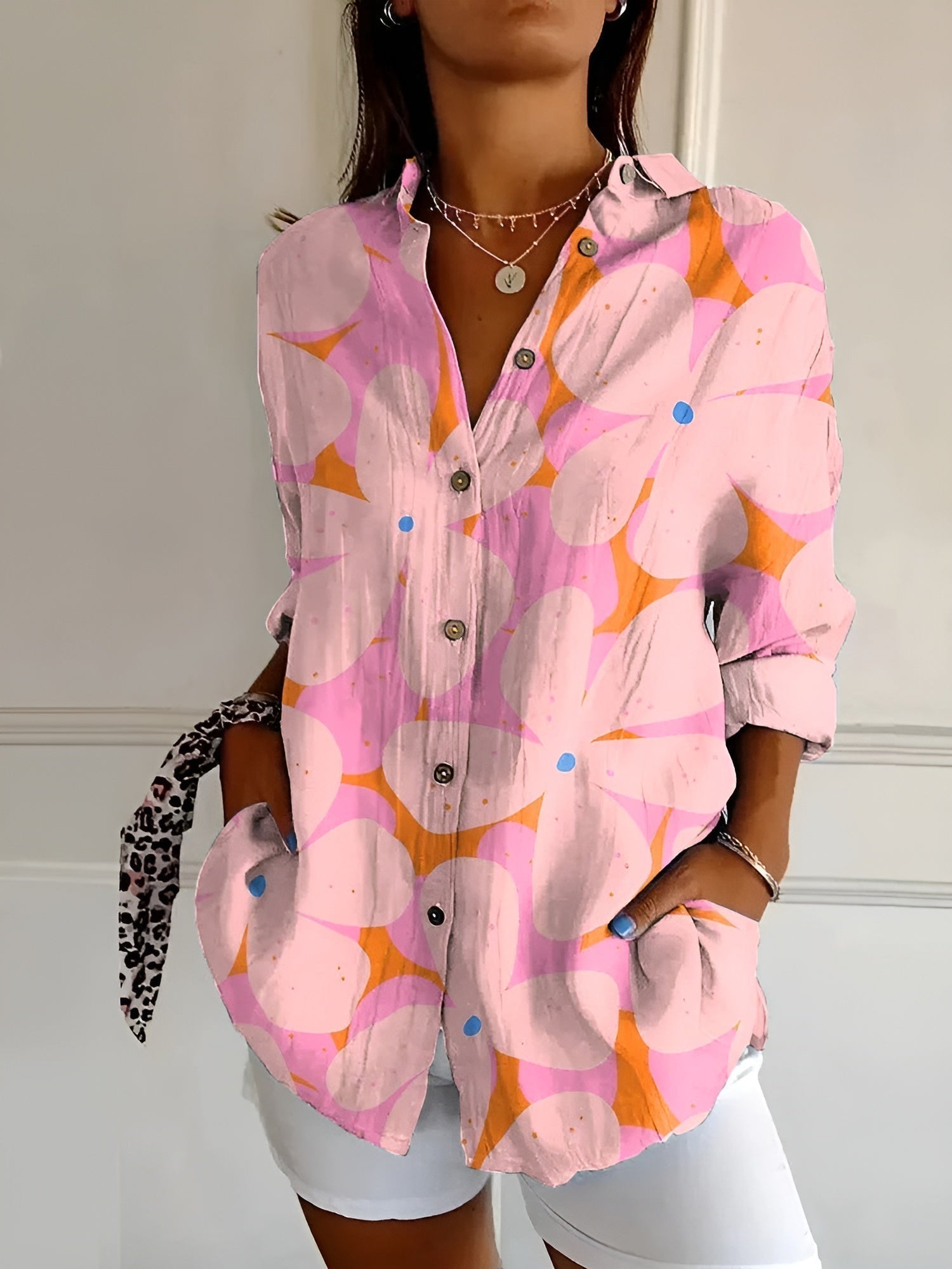 Blusa Mujer | Cuello Dividido en V con Mangas Enrollables