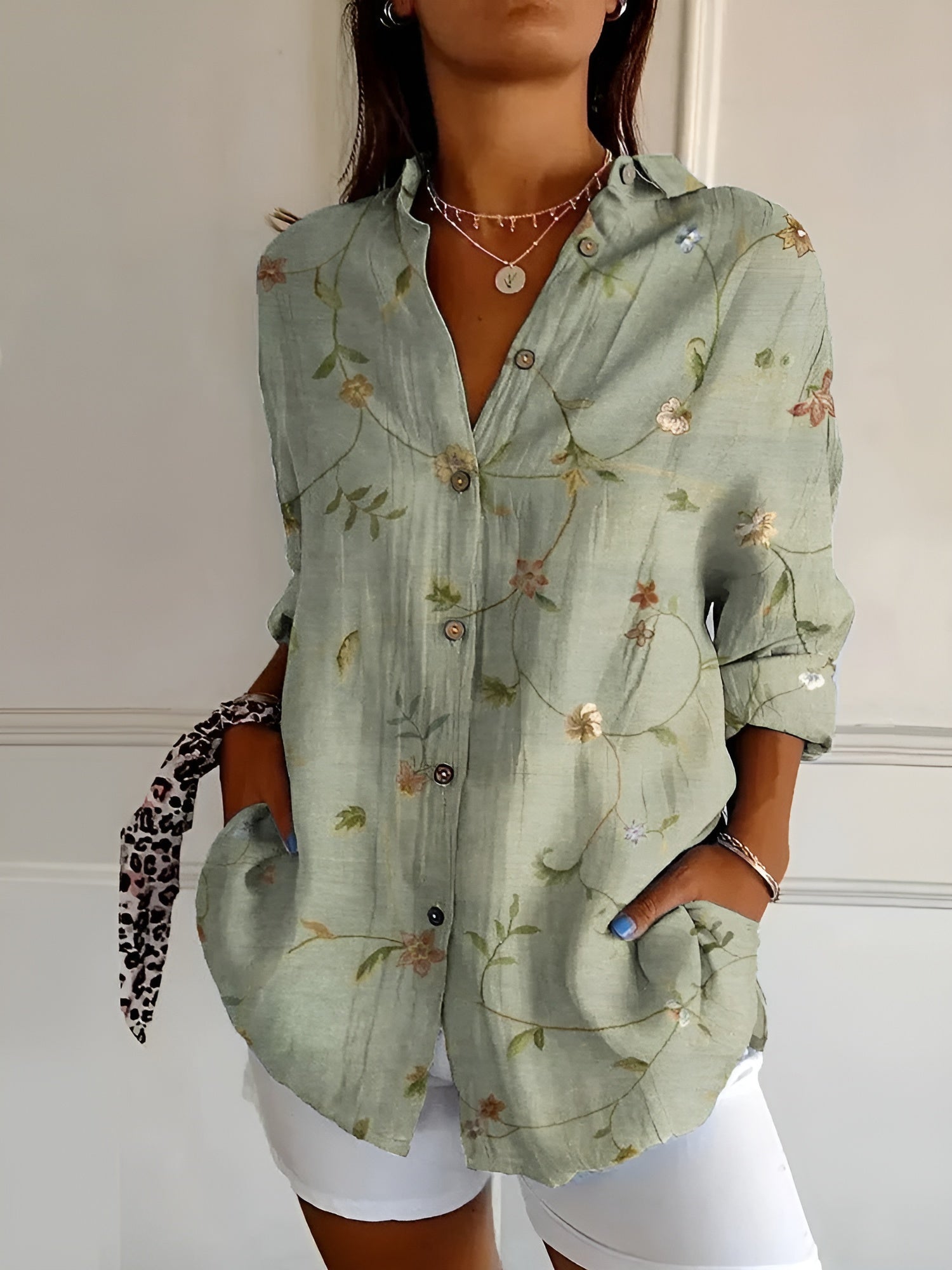 Blusa Mujer | Cuello Dividido en V con Mangas Enrollables