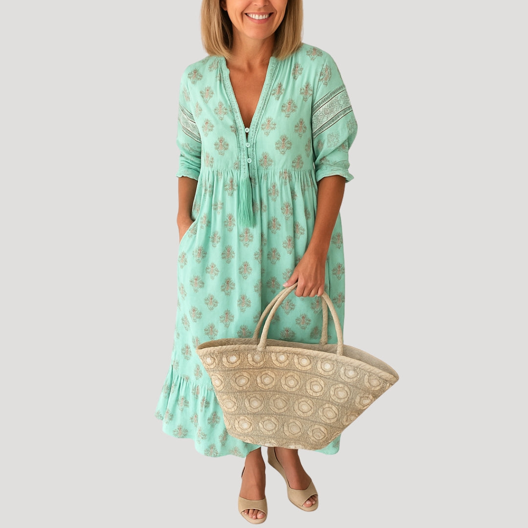 Vestido Mujer | largo midi con escote en V y bolsillos