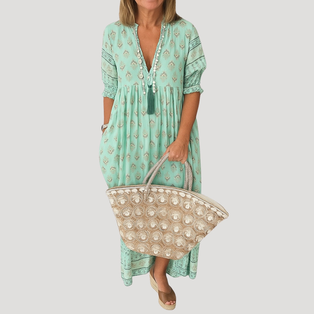 Vestido Mujer | largo midi con escote en V y bolsillos