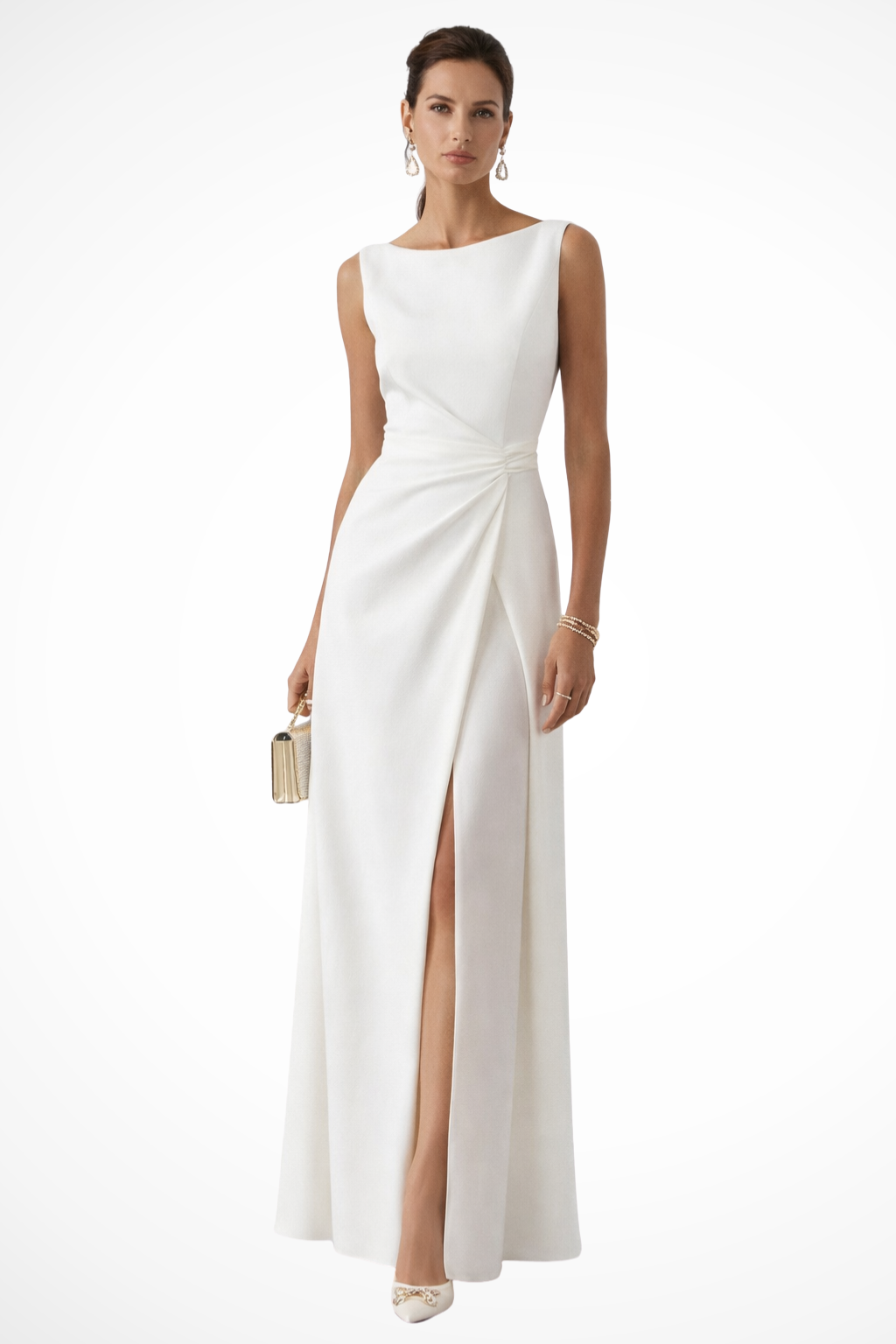 Vestido Mujer Maxi | Cuello Bote y Cintura Drapeada sin Mangas